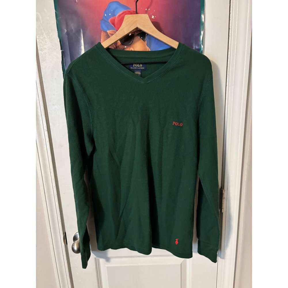 Polo Ralph Lauren Mens Green Waffle Knit V-Neck Thermal Long Sleeve Shirt Medium